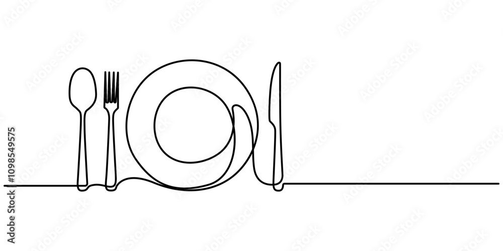 Poster continuous line drawing of knifes, spoons, forks and plate on white background. table manner concept