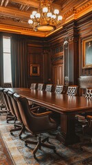 Fototapeta premium Elegant Government Conference Room Featuring Wooden Paneling, Long Table, Leather Chairs, and Opulent Lighting in a Historic Building Interior