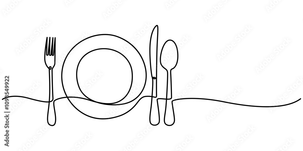 Poster continuous line drawing of knifes, spoons, forks and plate on white background. table manner concept
