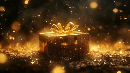 Golden Gift Box Shimmering With Magical Sparkles Creates an Enchanting Atmosphere of Celebration and Joy During the Festive Season