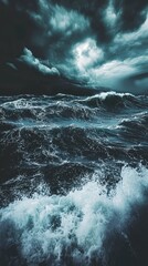 Obraz premium Dark and Stormy Ocean Waves with Crashing Waters Under Brooding Clouds in a Turbulent Seascape Reflecting Nature's Intensity and Power