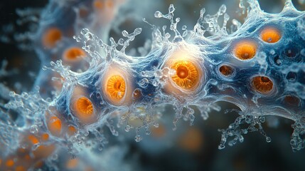 Obraz premium Stunning Microscopic Image: Cellular Structure with Orange Luminescent Cores