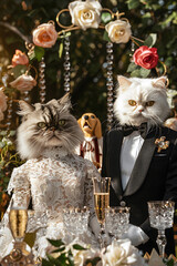 A Persian cat dressed in a lace wedding gown stands beside a tuxedo cat in a suit during their garden ceremony. A golden retriever officiates under a rose arch in golden hour light