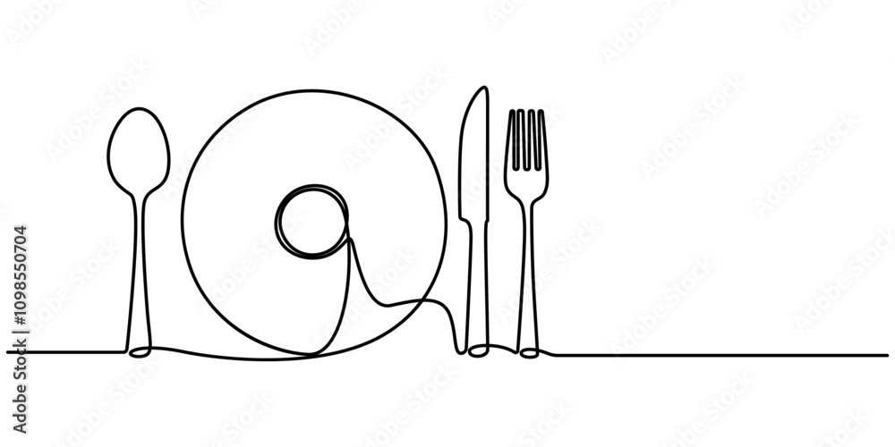 Poster continuous line drawing of knifes, spoons, forks and plate on white background. table manner concept