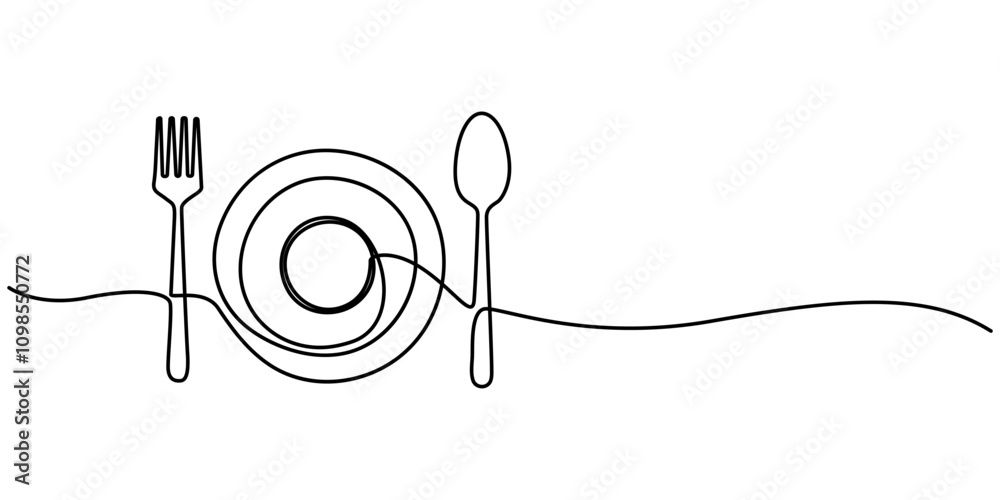 Poster continuous line drawing of knifes, spoons, forks and plate on white background. table manner concept
