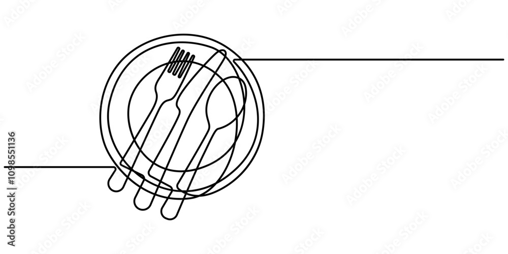 Poster continuous line drawing of knifes, spoons, forks and plate on white background. table manner concept
