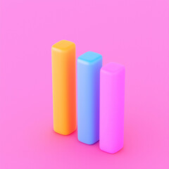 The image features three cylindrical objects presented against a soft, uniform pink background. These objects differ in height and are colored in bright hues of yellow, blue, and pink.
