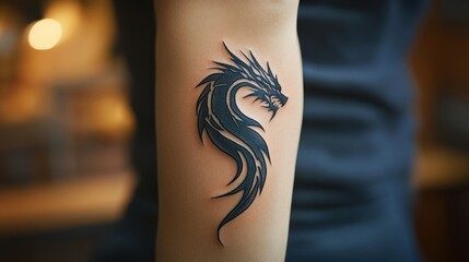 A stylized black dragon tattoo on a forearm