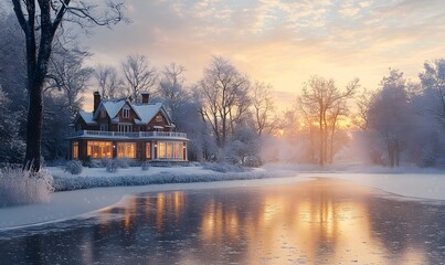 Fototapeta premium Create an image of a luxury house with water roads set against a snowy landscape