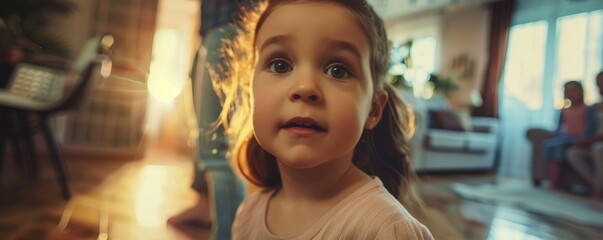 Naklejka premium A young child with bright eyes looks curiously at the camera, surrounded by the warm ambiance of a sunlit and cozy living room, suggesting innocence and wonder.