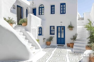 A traditional Greek house with white walls, blue windows and doors, decorated in the style of Mykonos.
