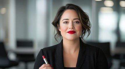 Obraz premium Confident Plus-Size Woman Applying Lipstick in Glamorous Office Setting