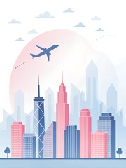 Fototapeta premium Airplane flying over modern urban skyline with pastel skyscrapers and cityscape