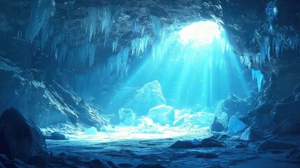 Majestic Ice Cave Exploration: Illuminated Glacial Formations with Ethereal Light Filtering Through the Glacial Entrances and Reflecting on the Frosty Surface