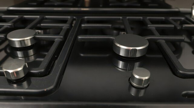 A close-up shot of a black and shiny stove surface with metallic knobs and grates, showcasing its sleek and modern design, surface, black