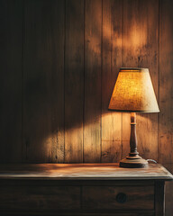 A vintage lamp casting soft shadows on an antique wooden table, with the light glowing in warm tones and emphasizing the texture of the wood 