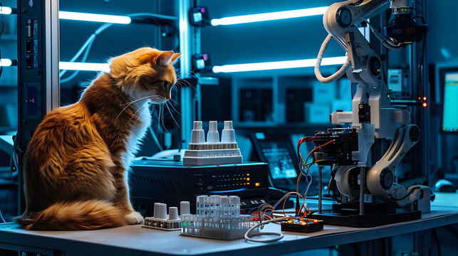 A high-tech robotics laboratory features an American Curl cat assisting its Chow Chow partner. Engineers work with 3D printers, robotic arms, and various electronic components