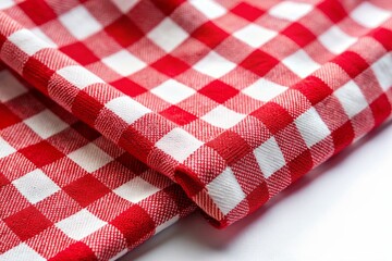 Obraz premium Isolated Red and White Checkered Napkin with a Soft Texture on a Clean Surface, Perfect for Food Photography and Table Setting Decoration