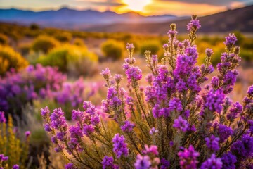 Obraz premium Vibrant Purple Flowers Surrounded by Desert Sagebrush Under a Stunning Sunset, Capturing the Beauty of Nature's Rich Palette in the Wild Landscape