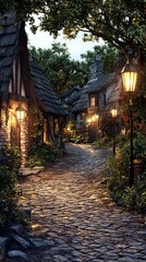 Fototapeta premium Enchanted Fantasy Village with Cobblestone Paths and Thatched Roof Houses Illuminated by Warm Lantern Light at Dusk