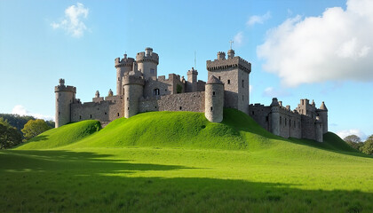 An Irish castle on the green hills. A majestic castle with ancient stone walls, surrounded by green fields and blue sky, emphasizing the historical heritage