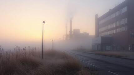 Dawn Fog Covers Nuclear Power Station Creating a Mystical Atmosphere in a Quiet Industrial Landscape