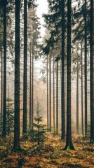 Obraz premium Enigmatic Foggy Forest with Silhouettes of Tall Trees and Mysterious Background, Evoking a Sense of Adventure and Exploration in Nature's Embrace