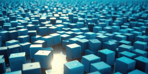 Obraz premium A close-up view of an array of blue cubes arranged in a repeating pattern, with the reflection of sunlight creating a shimmering effect on the surface.