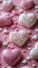 Obraz premium Colorful heart shaped candies surrounded by sprinkles on a pink background