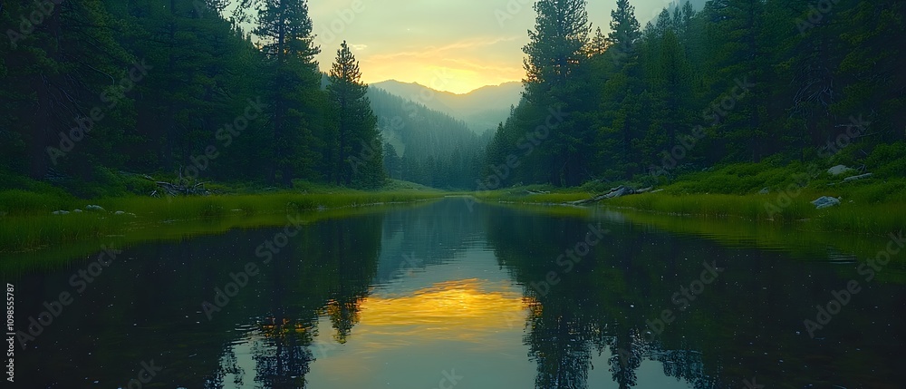 Poster serene mountain landscape with calm reflection in a lake surrounded by lush green pine trees during 