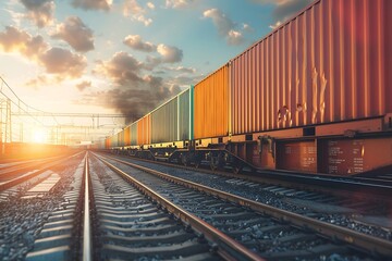 Fototapeta premium Freight train with containers at sunset. Freight transportation concept.