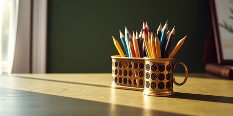 A collection of colored pencils in a vintage brass holder, sitting on a wooden table, bathed in warm, natural light.