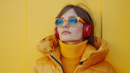 Vibrant urban lifestyle with trendy woman in yellow coat listening to music