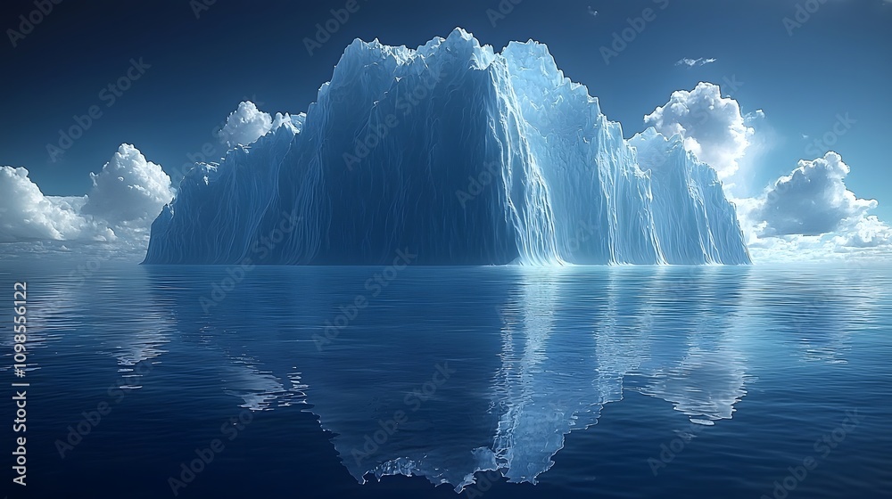 Poster Majestic Iceberg Surrounded by Tranquil Ocean Waters Under a Clear Sky with Fluffy Clouds Reflecting on the Calm Surface and Creating a Serene Atmosphere
