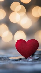Obraz premium Red heart placed on a stack of coins creating a symbolic representation of love and wealth