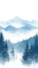 Obraz premium A calming watercolor illustration of misty mountains and pine trees, perfect for nature-themed designs and backgrounds.