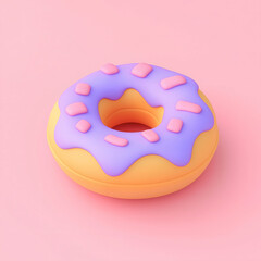 The image presents an appealing and vividly colored donut resting on a sleek pink surface.