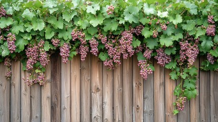 Lush Grapevines Flourishing Along a Charming Wooden Fence with Bunches of Ripe Purple Grapes Ready for Harvest in a Picturesque Garden Setting