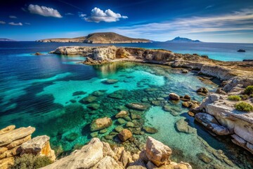 Breathtaking View of the Uninhabited Koufonissi Island Surrounded by Crystal-Clear Waters and Rocky Shores in the Aegean Sea, Greece