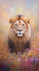 Fototapeta premium Majestic lion resting among colorful wildflowers in a tranquil landscape