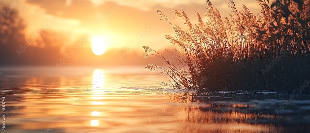 Poster serene sunset over tranquil waters with wispy reeds and soft reflections in warm colors of nature's 
