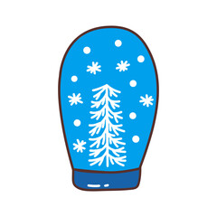 Snow blue glass ball with white Christmas tree and snowing. Colorful vector isolated illustration hand drawn doodle. Festive winter season present card, New Year vibe. Icon clip art