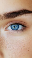 Obraz premium Close up of a persons eye showcasing vibrant blue color with natural makeup and freckles