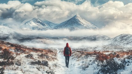 Fototapeta premium Hiker on a Snowy Trail Surrounded by Majestic Mountains Under a Dramatic Sky, Showcasing the Beauty of Winter Wilderness and Adventure
