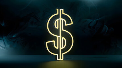 A glowing neon dollar sign against a dark, smoky background, emphasizing wealth and finance.