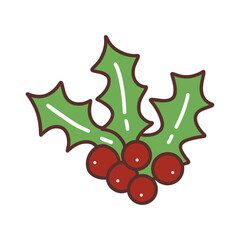 Sprig of green holly with red berries. Christmas traditional plant, winter season. New Year time. Colorful vector isolated illustration hand drawn. Icon clip art or card, design element