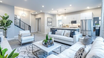 Elegant Modern Home Interior with Open Concept Living Space Featuring Stylish Furniture and Bright Natural Light Throughout the Area