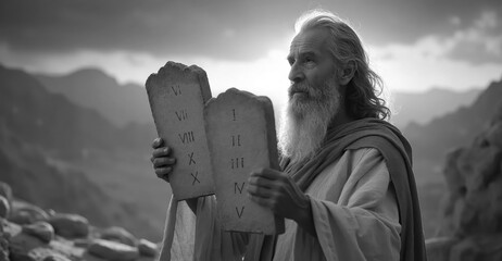 Moses carries stone tablets with Ten Commandments inscribed on them. old bearded jewish man Mose with 10 commandments on stone tablets. torah old testament. mount sinai in Egypt Sunset in mountain.