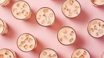 Obraz premium Thai tea delights vibrant glasses displayed on pink background stylish drink showcase