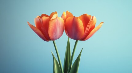 Two orange tulips are standing next to each other